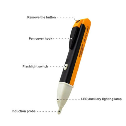 Non-Contact Safety Electric Pen with Built-In LED Light showing labeled features: pen cover hook, flashlight switch, LED auxiliary lamp, induction probe