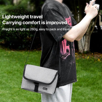 Baona Waterproof Camera Shoulder Bag for Everyday Use shown worn crossbody with camera inside, lightweight waterproof Oxford cloth protection