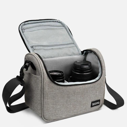 Baona Digital SLR Camera Lens Storage Shoulder Bag open gray organizer with two lenses and strap