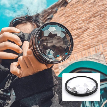 Photographer using 77mm Kaleidoscope Prism Glass Filter for Creative Photography to create refracted pattern effects in portraits and landscapes