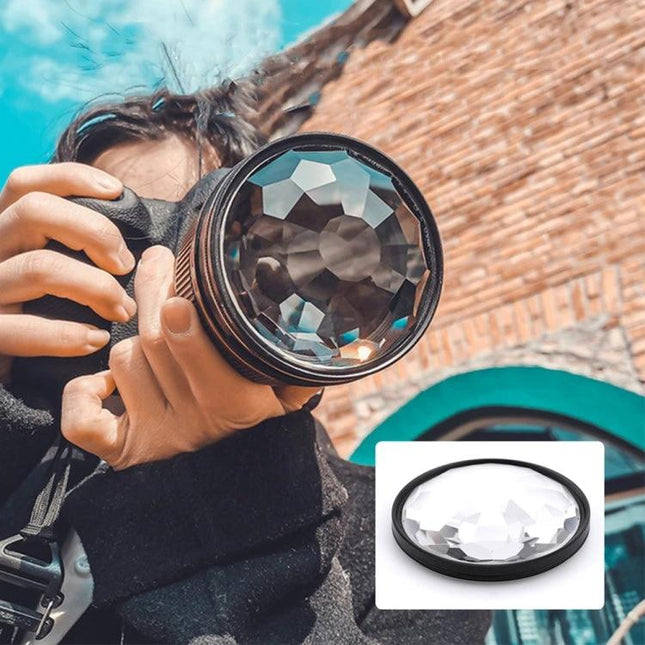 Photographer using 77mm Kaleidoscope Prism Glass Filter for Creative Photography to create refracted pattern effects in portraits and landscapes