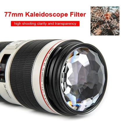 77mm Kaleidoscope Prism Glass Filter for Creative Photography attached to telephoto lens showing faceted prism effect