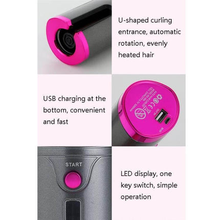 Portable USB Hair Curler Gray for Quick Everyday Styling at Home showing U-shaped curling entrance, USB charging port, start button and LED display