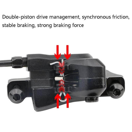 Bicycle Hydraulic Disc Brake Set For Mountain Bikes - black double-piston caliper showing synchronous friction and strong braking force