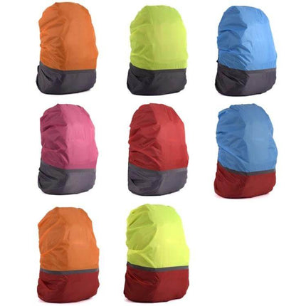 Alt Tag: Luminous Backpack Rain Cover for Outdoor Activities, Multiple Sizes - Waterproof polyester cover with reflective strip in assorted colors for hiking and cycling