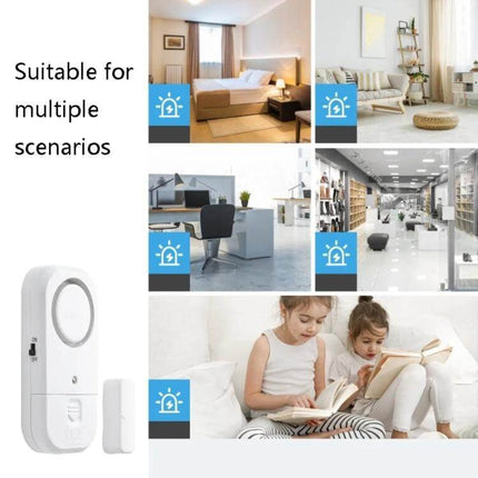 Wireless Magnetic Alarm for Home Door and Window Security showing device and examples of use in bedroom, living room, office and kids’ room