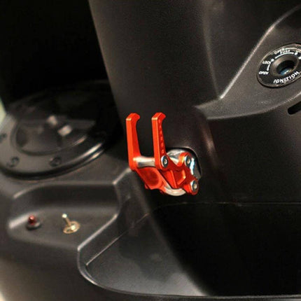 Aluminum Helmet Hook for Hanging Motorcycle Helmmets mounted on scooter with red anodized finish, CNC‑machined durable wall hook for helmets