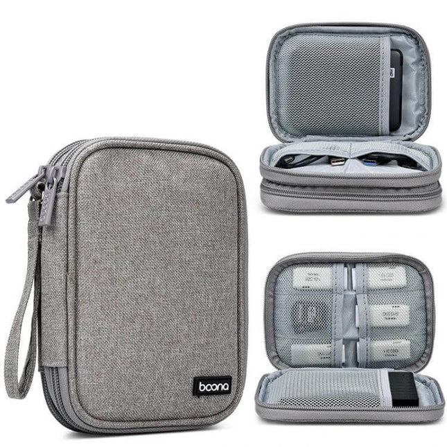 Baona Double-Layer Protective Bag for Portable Hard Disk Storage gray travel case with double zippers, mesh pockets and water-repellent Oxford cloth