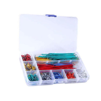 Breadboard Jumper Wire Kit with Assorted Lengths and Quantities – organized color-coded jumper wires in plastic storage case for breadboard prototyping
