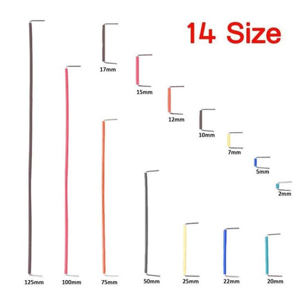 Breadboard Jumper Wire Kit with Assorted Lengths and Quantities showing 14 size varieties from 2mm to 125mm for electronics prototyping
