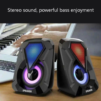 USB Wired Desktop Speaker For PC And Gaming, Compact Stereo Sound compact USB speakers on desk with RGB lights