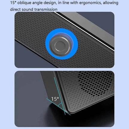 LeerFel Computer Speaker Bluetooth USB Powered Desktop shown angled 15° with volume knob and dual sound guide holes