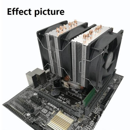 Cool Storm Dual-Tower CPU Air Cooler for Intel and AMD Systems installed on a motherboard showing dual towers, copper heatpipes and fans