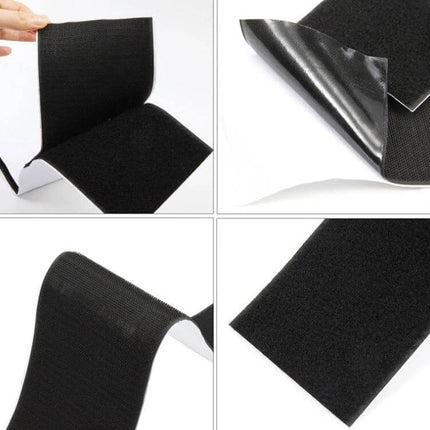 Adhesive Hook and Loop Tape for Securing Car License Plates — black polyester tape with adhesive backing shown in close-up, peel-and-stick strips