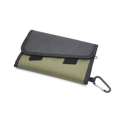 Fish Bait Bag 21x14 cm With Six PVC Self Sealing Stickers - compact olive Oxford cloth bait bag with PVC lining, transparent sealed pouch and carabiner