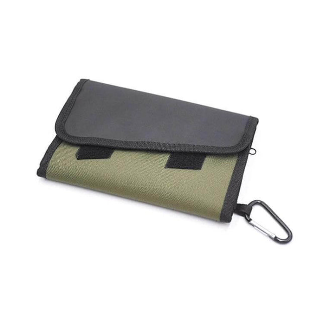 Fish Bait Bag 21x14 cm With Six PVC Self Sealing Stickers - compact olive Oxford cloth bait bag with PVC lining, transparent sealed pouch and carabiner