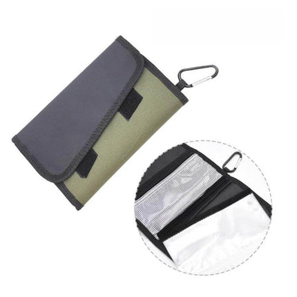 Fish Bait Bag 21x14 cm With Six PVC Self Sealing Stickers - compact oxford cloth bait bag with PVC lining, transparent sealed pocket and carabiner