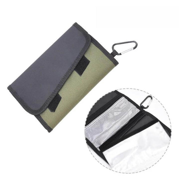 Fish Bait Bag 21x14 cm With Six PVC Self Sealing Stickers - compact oxford cloth bait bag with PVC lining, transparent sealed pocket and carabiner