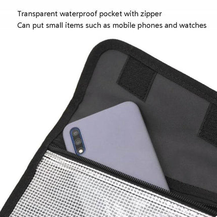 Fish Bait Bag 21x14 cm With Six PVC Self Sealing Stickers showing transparent waterproof pocket with phone inside