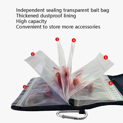 Fish Bait Bag 21x14 cm With Six PVC Self Sealing Stickers - compact oxford cloth case with six transparent PVC sealed pockets and carabiner