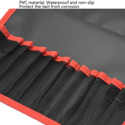 Bait Tool Bag For Fishing, Waterproof Foldable Portable Bag showing PVC waterproof interior with red-trimmed mesh pockets and tool slots