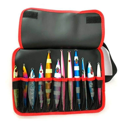 Bait Tool Bag For Fishing, Waterproof Foldable Portable Bag showing open red-trim PVC mesh organizer with colorful lures neatly stored