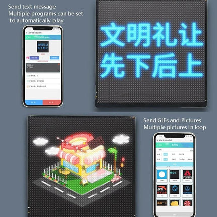 Bluetooth LED Screen for Portable Backpack Advertising showing mobile app control, 64x64 P3.75 pixel display with text, GIF and image playback