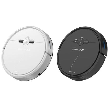 GEERLEPOL Automatic Sweeping Robot for App-Controlled Cleaning showing white and black models, app-scheduled smart floor cleaning for homes