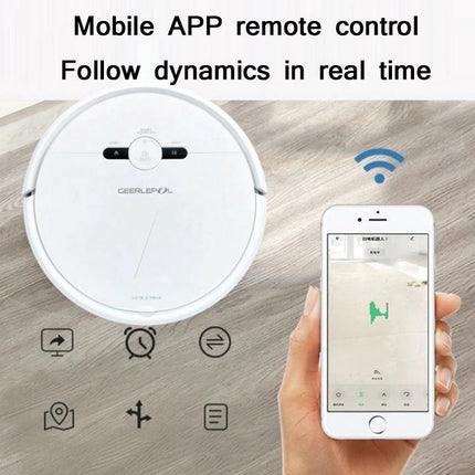GEERLEPOL Automatic Sweeping Robot for App-Controlled Cleaning showing robot vacuum and smartphone app remote control