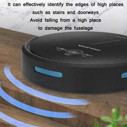 GEERLEPOL Automatic Sweeping Robot for App-Controlled Cleaning showing cliff-detection sensor preventing falls from stairs and doorways