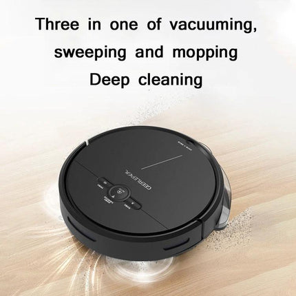 GEERLEPOL Automatic Sweeping Robot for App-Controlled Cleaning showing black 3-in-1 vacuum, sweep and mop on hardwood with app scheduling