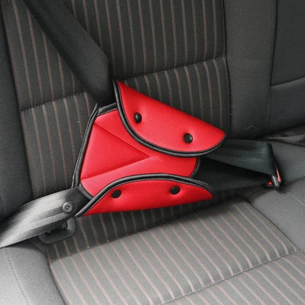 Car Seat Belt Cover Triangle Design for Child Comfort - red triangle seat belt fixator on car seat protecting child’s neck and face
