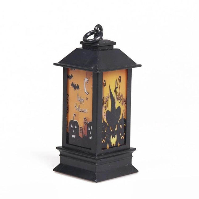 Halloween Window Lanterns Luminous Pumpkin And Ghost Ornaments — small black plastic window lantern with glowing pumpkin and ghost illustrations, battery powered