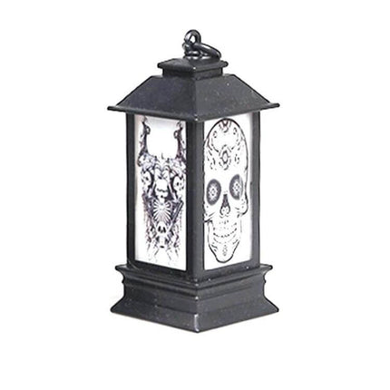 Halloween Window Lanterns Luminous Pumpkin And Ghost Ornaments compact black plastic lantern with skull and spider designs, battery powered glow