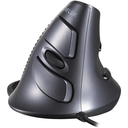 DELUX Ergonomic Vertical Wired Mouse for Comfortable Computing in graphite showing thumb buttons and scroll wheel, wired ergonomic design