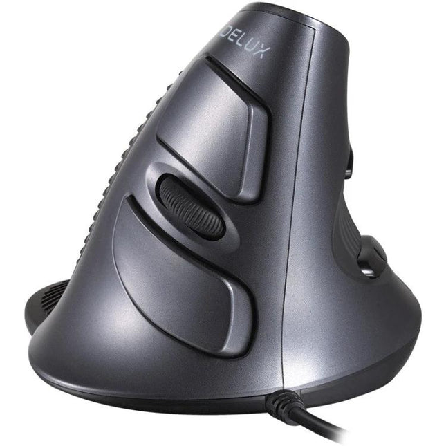 DELUX Ergonomic Vertical Wired Mouse for Comfortable Computing in graphite showing thumb buttons and scroll wheel, wired ergonomic design