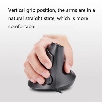 DELUX Ergonomic Vertical Wired Mouse for Comfortable Computing with vertical grip showing natural hand position and wired connection