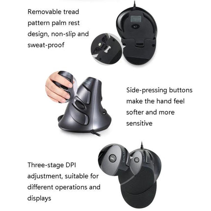 DELUX Ergonomic Vertical Wired Mouse for Comfortable Computing - black vertical mouse showing removable palm rest, side-press buttons and three-stage DPI