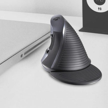 DELUX Ergonomic Vertical Wired Mouse for Comfortable Computing - angled grey vertical mouse on desk beside laptop, textured grip and palm rest