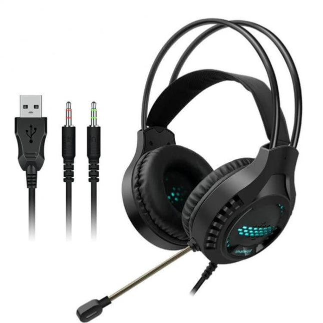 Smailwolf Wired Gaming Headset With Breathing LED For Desktop Chat black over-ear headset with mic and USB and audio jacks
