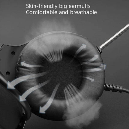 Smailwolf Wired Gaming Headset With Breathing LED For Desktop Chat showing breathable cushioned earmuff for long desk gaming sessions