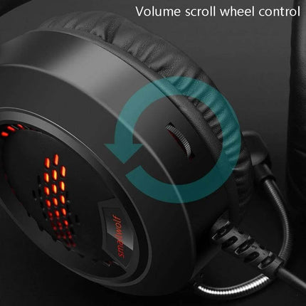 Smailwolf Wired Gaming Headset With Breathing LED For Desktop Chat showing volume scroll wheel control on earcup