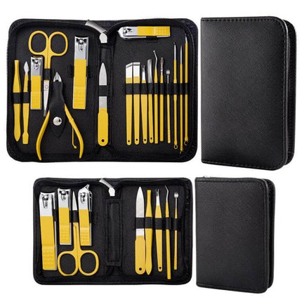 9 In 1 Nail Clipper Set, Stainless Steel Manicure Tools in black PU leather case with yellow-handled clippers, scissors, tweezers and grooming tools