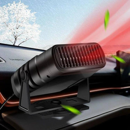 Car Heater Defrost and Warm Wind Portable for Cars mounted on dashboard blowing warm air to defrost windshield and warm cabin