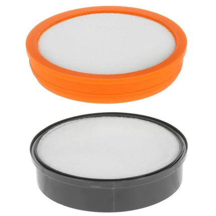 High-Efficiency HEPA Filter Kit for Vacuum Cleaners, Two-Piece Set — two round replacement HEPA filters (orange and black) for pet and smoke odor control
