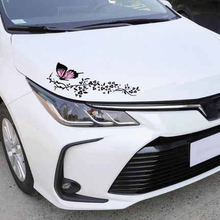 Decorative Pink and Red Butterfly Flower Car Stickers for Engine Cover, 2 Pairs on white car hood showing pink butterfly and floral vine decals