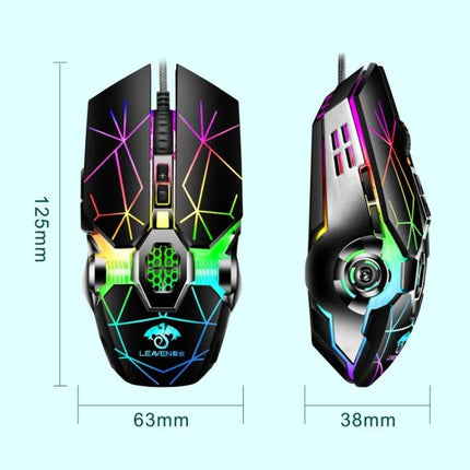 Leaven Wired RGB Gaming Mouse for Office and Gaming showing front and side views with RGB lighting and dimensions 125mm x 63mm x 38mm