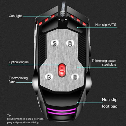 Leaven Wired RGB Gaming Mouse for Office and Gaming showing underside view with optical engine, non-slip mats, thickened steel plate and RGB lighting
