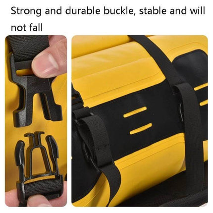 AFISHTOUR 40L Waterproof Motorcycle Rear Seat Bag Yellow Black showing strong durable buckle and secure rear-seat mounting straps