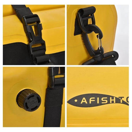 AFISHTOUR 40L Waterproof Motorcycle Rear Seat Bag Yellow Black - close-up of yellow-black bag hardware, buckles, clips, valve and AFISHTOUR logo